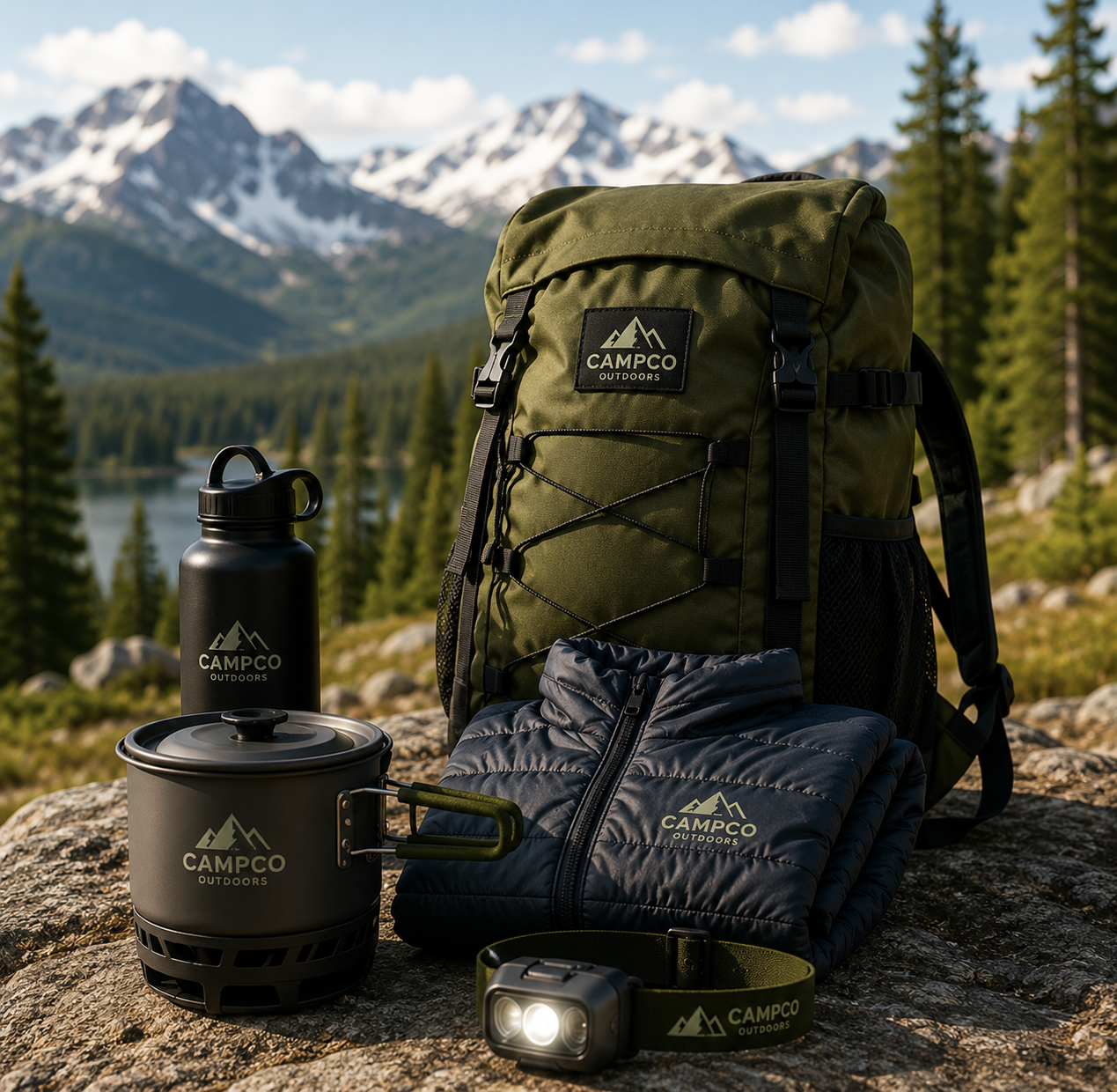 Camp gear packed for a weekend trip